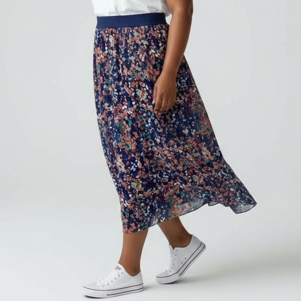 Ophelia Roe Floral A-Line Midi Skirt Blue Multicolor – Size 3X